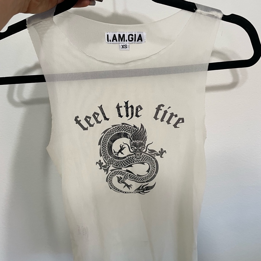 I.AM.GIA “feel the fire” sheer white mesh tank